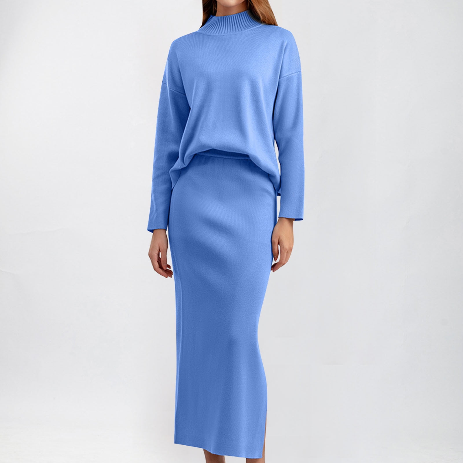 Aboser Women's 2 Piece Sweater Dress Set Soft Knit Maxi Bodycon Skirt Mock Neck Sweaters Outfits Maxi Length Pencil Skirt Set