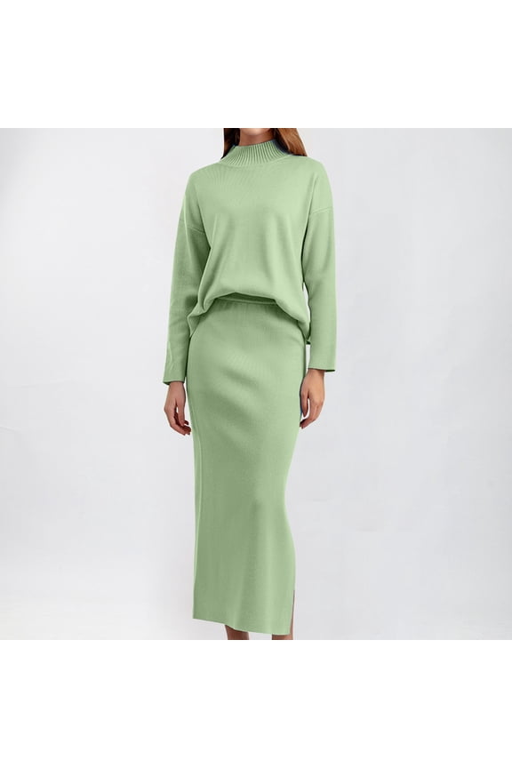 Women's 2 Piece Sweater Dress Set Soft Knit Maxi Bodycon Skirt Mock Neck Sweaters Outfits Maxi Length Pencil Skirt Set