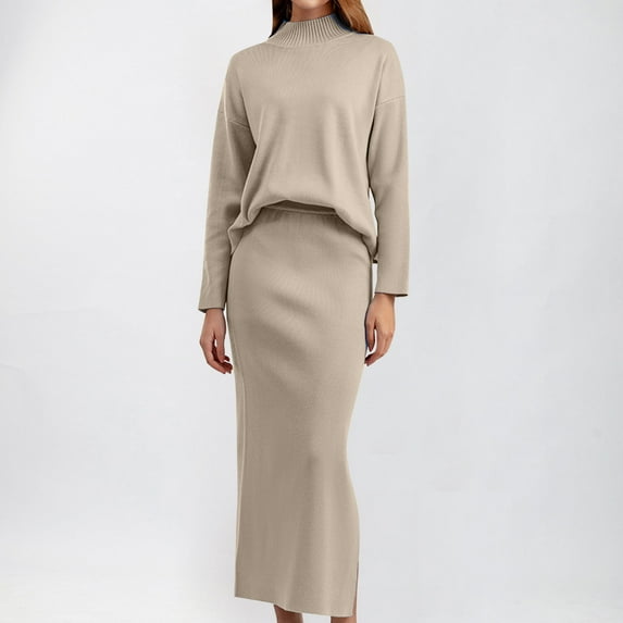 Aboser Women's 2 Piece Sweater Dress Set Soft Knit Maxi Bodycon Skirt Mock Neck Sweaters Outfits Maxi Length Pencil Skirt Set