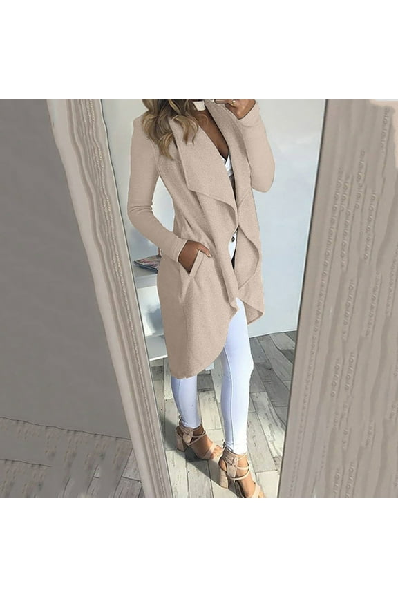 Women's Solid Jacket Casual Lapel Open Front Woolen Cloth Long Sleeve Trench Blazers Work Office Suit With Pockets Cardigan