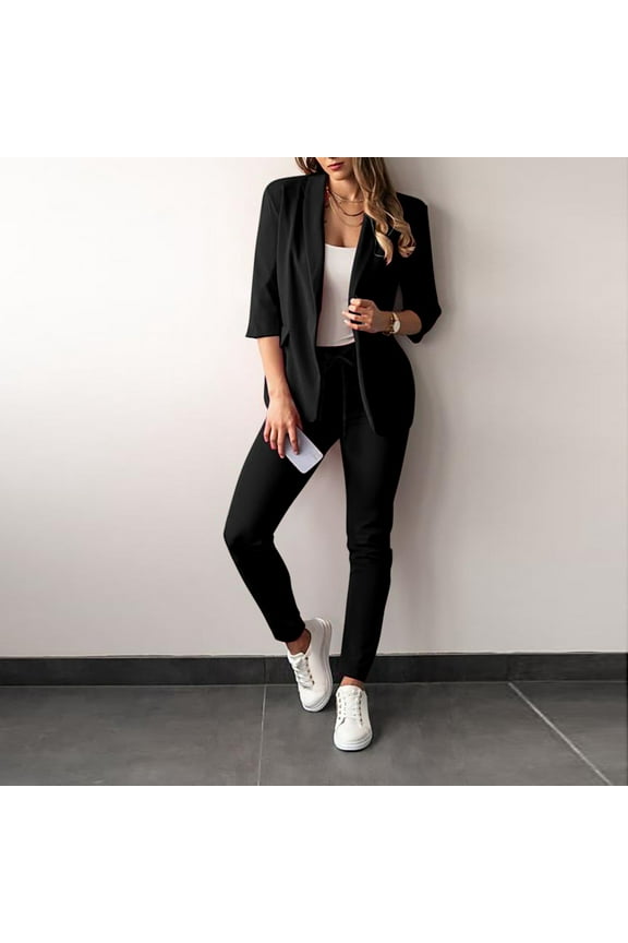 Women's Spring Two Piece Outfits Open Front Blazer Jackets and Wide Leg Pants Business Casual Suit Sets with Pockets