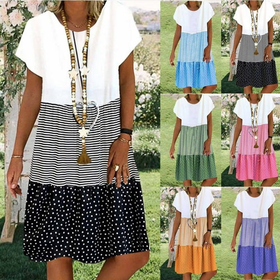 Aboser Women's Summer Short Sleeve Dresses Plus Size Casual Crewneck Dress Cute Striped Print T-Shirt Dresses Loose Midi Length Beach Dress