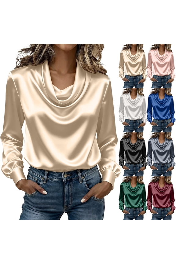 Women's 2026 Fall Fashion Blouses Dressy Casual Cowl Neck Shirts Long Sleeve Party Tops Silky Satin Draped Shirt Going Out Blouse