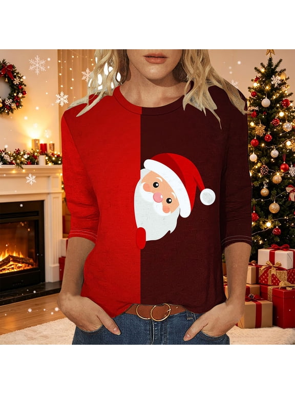 Women's 3/4 Sleeve Christmas Tops Merry Xmas Festive Shirt Cute Santa Claus Printed T Shirts Going Out Holiday Tees Loose Fit Casual Tshirts