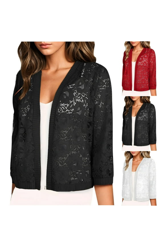 Women's 3/4 Sleeve Cropped Cardigan Sweaters Bolero Shrug Cardigans Open Front Crochet Knitted Sweater Plus Size Sheer Cardigan for Ladies 2026 Summer Clothes Red XL