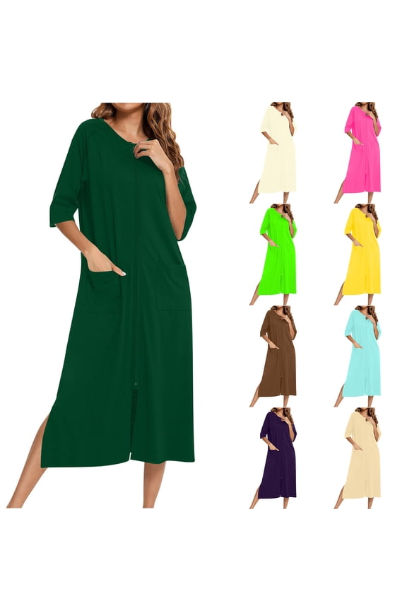 Women's 3/4 Sleeve Nightgowns with Pockets Loungewear Loose Fit Crewneck Long Sleepdress Solid Color Raglans Casual Side Split Nightshirts
