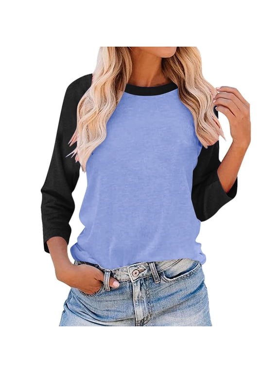 Women's 3/4 Sleeve Tops and Blouses Raglan Shirts Fashion Color Block Print T-shirt Comfy Loose Fitted Tees Three Quarter Length Sleeve Shirts for Juniors Dressy Casual Blouse