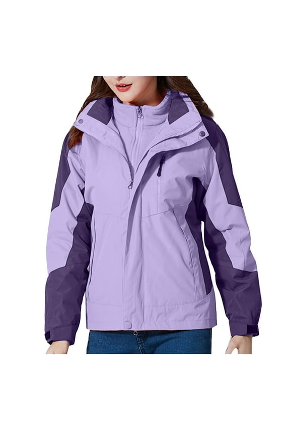 Women's 3-in-1 Winter Ski Jacket with Detachable Hood Waterproof Raincoat Thermal Fleece Lined Rain Jacket Snowboard Mountain Coats