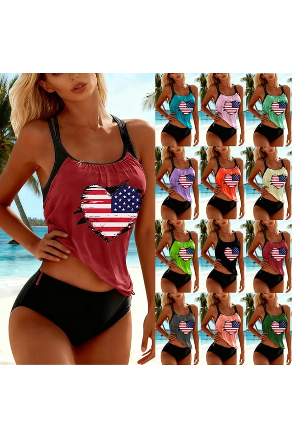 Women's 4th of July Tankini Swimsuits Push Up Racerback Swim Top with Buttom Bathing Suit Two Piece Tummy Control Tankinis Sets USA Flag Patriotic Swimwear Gray XXL