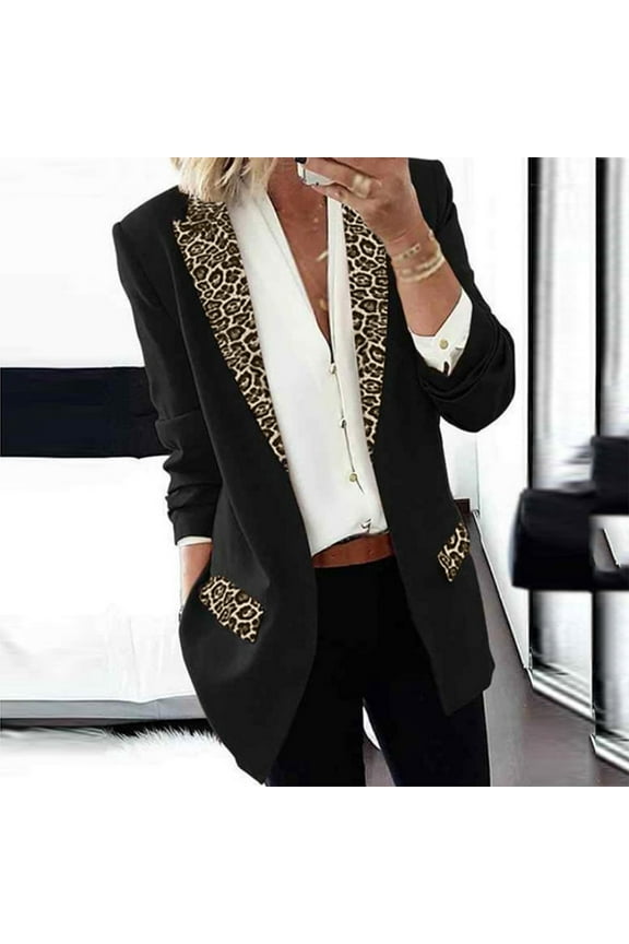Women's Blazer Trendy Leopard Print Cardigan Casual Lapel Long Sleeve Jacket Button Work Office Coat with Pockets