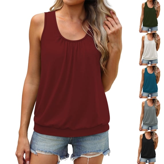 Aboser Women's Blouson Tank Tops Loose Fitted Ruched Shirts Banded Bottom Top Summer Scoop Neck Basic Tees Beach Vacation Clothes