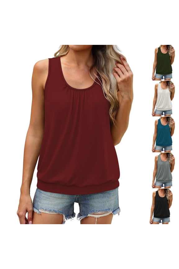 Women's Blouson Tank Tops Loose Fitted Ruched Shirts Banded Bottom Top Summer Scoop Neck Basic Tees Beach Vacation Clothes