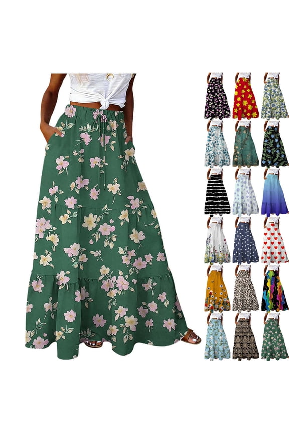 Women's Boho Floral Skirt Cute High Waisted Maxi Skirts Hawaiian Tropical Beach Skirt Flowy A Line Skirts Casual Loose Fitted Long Skirts with Pockets