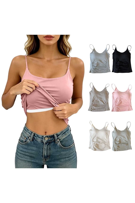 Women's Built in Shelf Bra Camisoles Going Out Tops Padded Sleeveless Basic Shirt Ruched Spaghetti Strap Cami Shirts Comfort Soft Tank Top