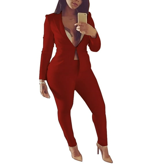 Aboser Women’s Business Two Piece Outfits Trendy Deep V Solid Color Blazer and Pants Set Elegant Offiec Business Suit for Work