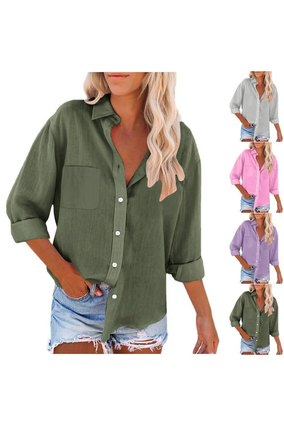 Women's Button Down Shirts Dressy Casual Cotton Linen Shirt Lightweight Breathable Long Sleeve Blouses Classic Lapel Collar Tops Office Work Blouse Army Green L