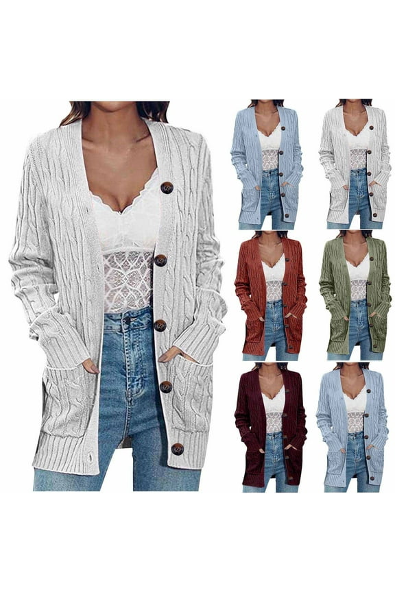 Women's Cable Knit Cardigan Sweaters with Pockets Plus Size Button Up Cardigans Comfort Soft Cotton Dusters Casual Long Sleeve Sweater Coats
