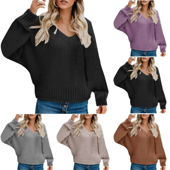 Aboser Women's Cable Knit Crop Sweaters Cozy Cotton Pullover Sweater Long Batwing Sleeve Tunic Tops Casual V Neck Jumper Top Solid Color Soft Knitwear Coffee S