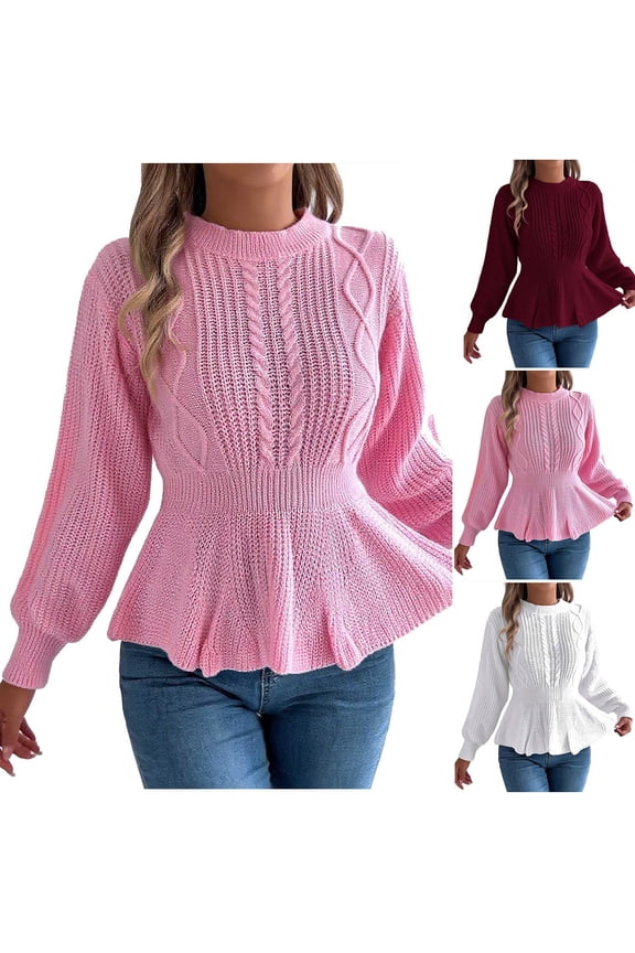 Women's Cable Knit Peplum Sweaters Elegant Ruffle Hem Tunic Shirts Trendy Long Lantern Sleeve Pullover Sweater Breathable Soft Crewneck Jumper Tops
