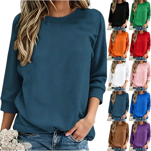 Aboser Women's Casual 3/4 sleeve Sweatshirt Tops Basic Loose Fit Shirts Lightweight Crew Neck Pullover Solid Color Tunic Sweatshirts