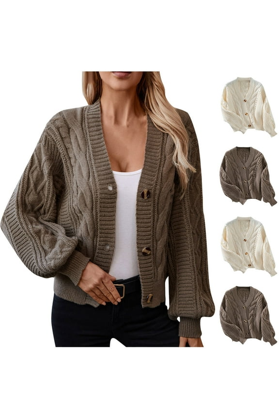Women's Casual Cropped Cardigan Sweaters Trendy Button Up Cable Knit Cardigans Warm Long Sleeve Sweater Coats Loose Fit Comfort Soft Outerwear Coat