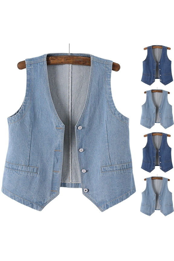 Women's Casual Denim Vest Juniors Button Up Cropped Waistcoat Plus Size Cowgirl Vests Loose Fit V Neck Jean Jackets Streetwear
