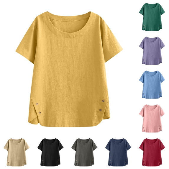 Aboser Women's Casual Linen T Shirts Plain Short Sleeve Tops Loose Fits Plain Shirt Breathable Soft Crew Neck Blouses Solid Color Beach Top