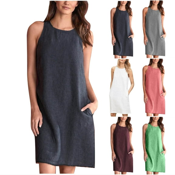 Aboser Women's Casual Linen Tank Dresses with Pockets Summer Fashion Midi Dress Loose Plain Sundress Lightweight Sleeveless Beach Dresses Navy M