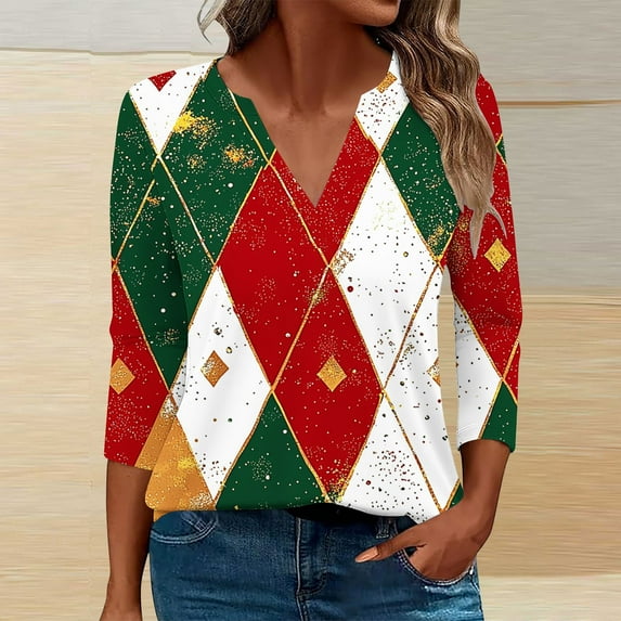 Aboser Women's Christmas Plaid Tunic Tops Dressy 3/4 Sleeve Shirts Vintage Xmas Printing Tunics Casual Notch V Neck Blouses Going Out Top for Women 2026