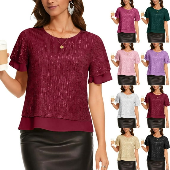 Aboser Women's Cocktail Party Tops Sparkly Sequin Shirts Elegant Ruffled Short Sleeve Blouse Casual Crew Neck T Shirt Shimmer Glitter Blouses White L