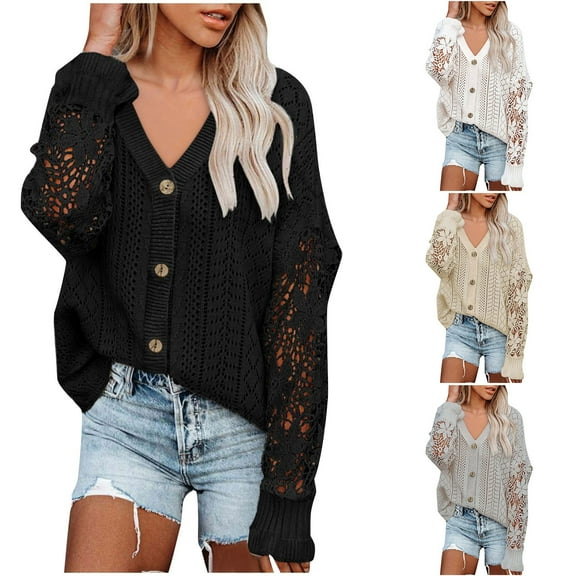 Aboser Women's Crochet Cardigan Sweaters Dressy Casual Button Down Cardigans Trendy Hollow Out Sweater Coat Loose V Neck Knitwear Comfy Soft Long Sleeve Patchwork Blouses Black L