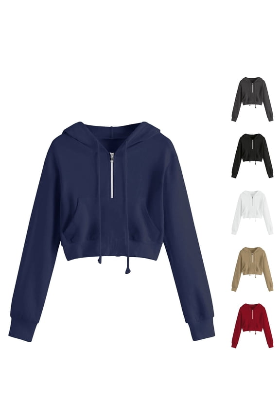 Women's Cropped Zip Up Hoodies Half Zip Pullover Women Fall Fashion Y2k Sweatshirts Drawstring Long Sleeve Hoodie Tops Solid Color Crop Sweatshirt with Pocket Black M