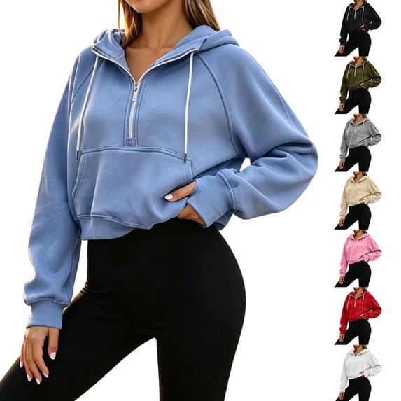 Aboser Women's Cropped Zip Up Hoodies Half Zip Pullover Women Fall Fashion Y2k Sweatshirts Drawstring Long Sleeve Hoodie Tops Solid Color Crop Sweatshirt with Pocket Black M