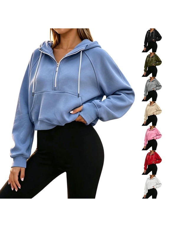 Women's Cropped Zip Up Hoodies Half Zip Pullover Women Fall Fashion Y2k Sweatshirts Drawstring Long Sleeve Hoodie Tops Solid Color Crop Sweatshirt with Pocket Black XL