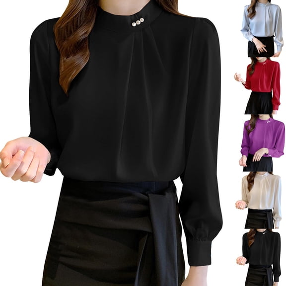 Aboser Women's Dress Shirts Dressy Casual Satin Tops Business Long Sleeve Blouses Solid Color Mock Neck Shirt Loose Fitted Blouse