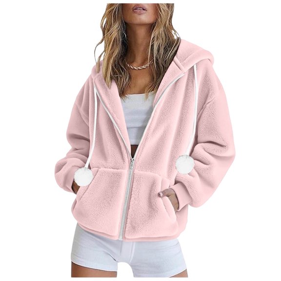 Aboser Women's Fall Winter Fleece Hoodies Trendy Zip Up Hooded Sweatshirts Warm Fuzzy Sherpa Jackets Long Sleeve Hoodie Solid Color Drop Shoulder Sweatshirt Coats with Pockets Pink XL