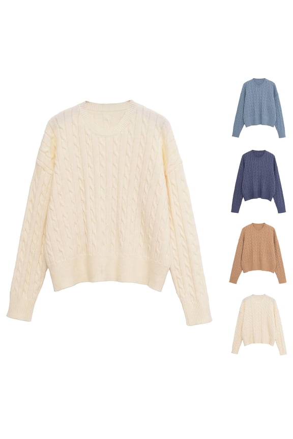 Women's Fisherman Knit Sweaters Cable Knitted Pullover Tops Warm Casual Long Sleeve Sweater Comfy Soft Round Neck Knitwear Solid Color Jumpers Gray M