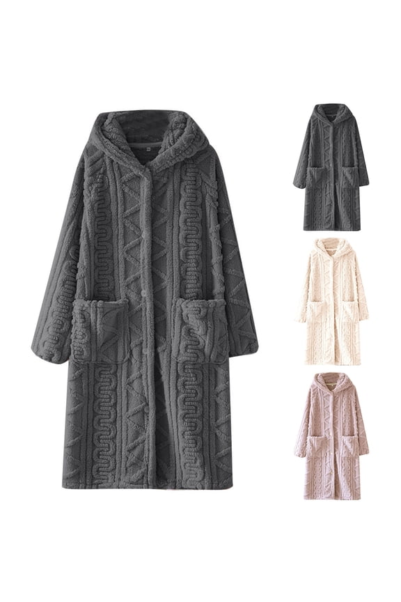 Women's Flannel Robes with Hood Winter Fluffy Plush Bathrobes Button Down Long Sleepwear Soft Warm Fleece Nightgowns with Pockets Gray M