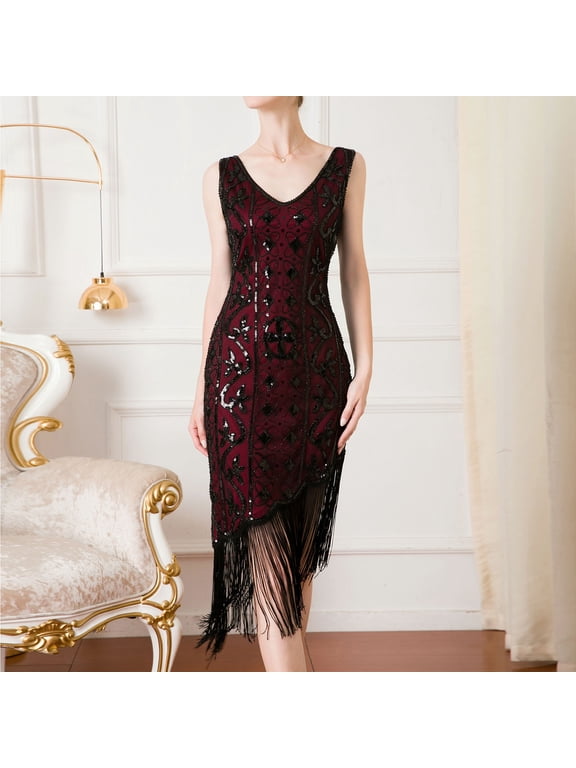 Women's Flapper Dresses 1920s Sequin Fringed Paisley Dress Elegant V Neck Gown Retro Cocktail Party Dress Roaring 20s Costumes