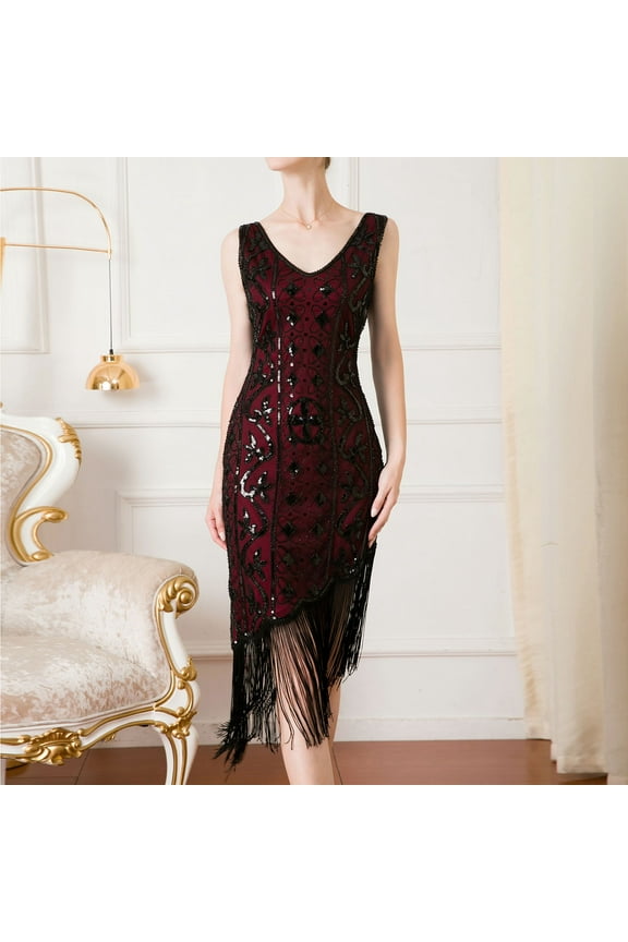 Women's Flapper Dresses 1920s Sequin Fringed Paisley Dress Elegant V Neck Gown Retro Cocktail Party Dress Roaring 20s Costumes