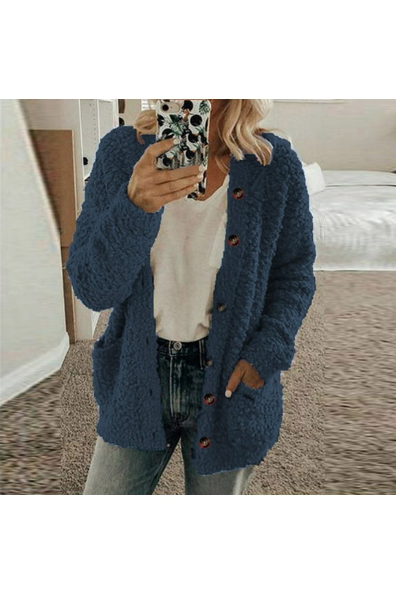 Women's Fleece Sweater Jacket Open Front Fleece Cardigan Plus Size Button Down Coat Winter Thermal Outwear Cardigans with Pockets Dark Blue XXL