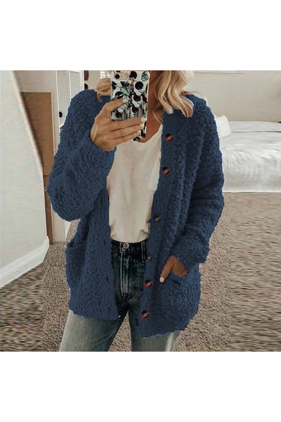 Women's Fleece Sweater Jacket Open Front Fleece Cardigan Plus Size Button Down Coat Winter Thermal Outwear Cardigans with Pockets Dark Blue M