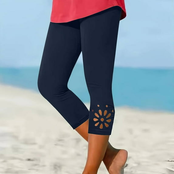 Aboser Women's Flower Cutout Capri Leggings Soft Knee Length Yoga Capris Slim Fitted High Waist Leggings Stretchy Comfy Dailywear Summer Cropped Pants for Women