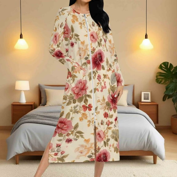 Aboser Women's Front Zipper Robes Elegant Floral Print Bathrobe Long Sleeve Zip Up Housecoat Cozy Full Length Loungewear Nightgown Sleepwear with Pockets
