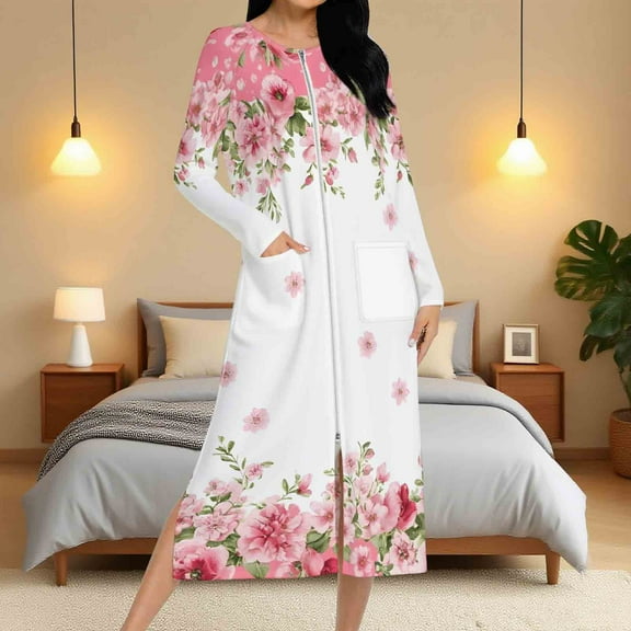 Aboser Women's Full Length House Coat Elegant Floral Printed Robes Soft Long Sleeve Pajama Dress Loose Zip Up Loungewear Cozy Casual Long Nightgown with Pockets