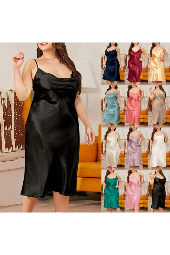 Women’s Full Slips Nightgowns Adjustable Spaghetti Straps Nightdress Full Length Sleep Dress Comfy Silk Satin Loungewear Elegant Loose Fit Chemise Sleepshirts