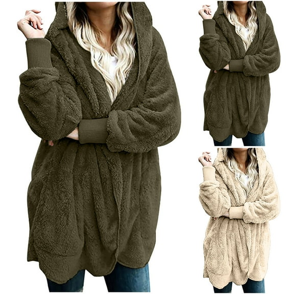 Aboser Women's Fuzzy Fleece Cardigan Sweaters with Hood Warm Open Front Cardigans Plus Size Long Sleeve Coats Cozy Soft Shaggy Hooded Jacket with Pockets