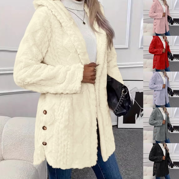 Aboser Women's Fuzzy Fleece Cardigan Sweaters with Hood Warm Open Front Cardigans Plus Size Long Sleeve Coats Cozy Soft Shaggy Hooded Jacket with Pockets