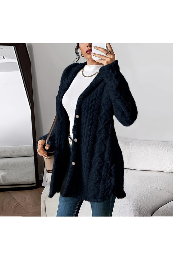 Women's Fuzzy Fleece Cardigan Sweaters Thermal Textured Sherpa Hooded Jackets Button Down Long Sleeve Outerwear Cozy Soft Hoodies