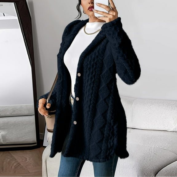 Aboser Women's Fuzzy Fleece Cardigan Sweaters Thermal Textured Sherpa Hooded Jackets Button Down Long Sleeve Outerwear Cozy Soft Hoodies